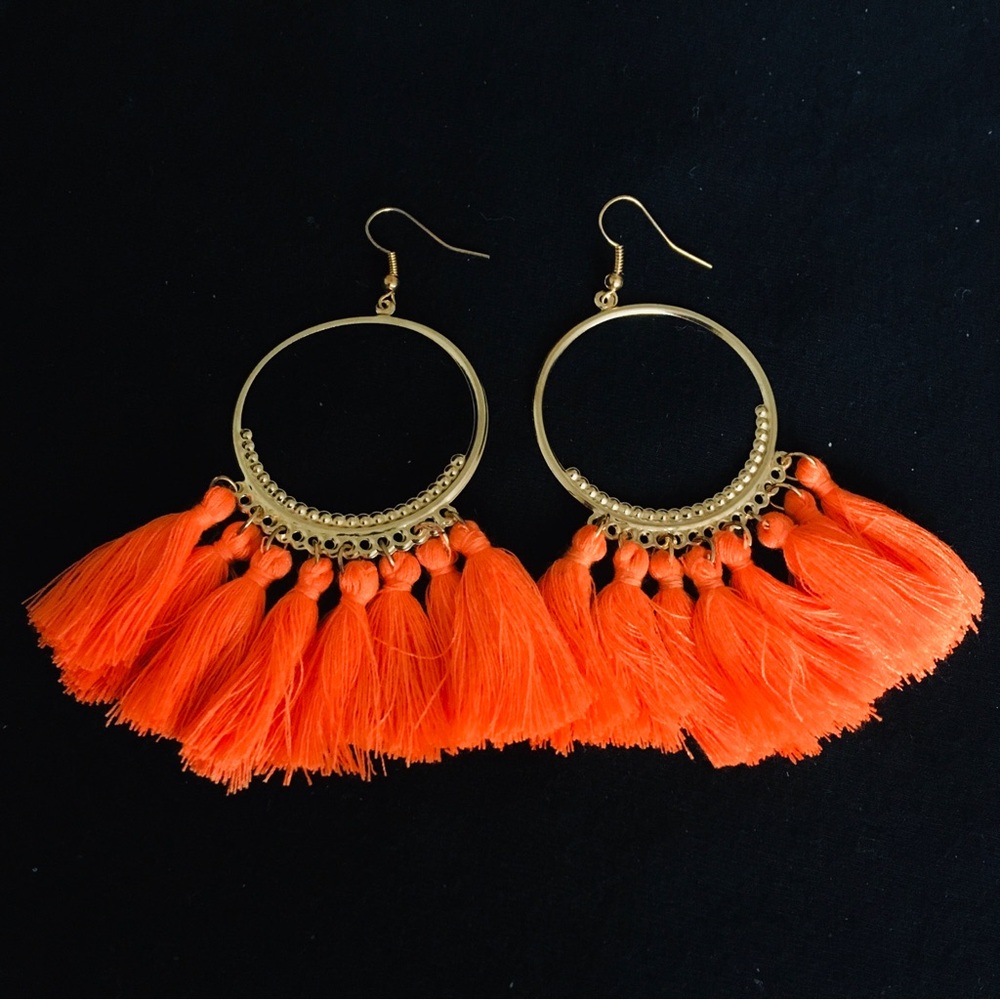 Orange Fan Shaped Tasseled Dangle Earrings